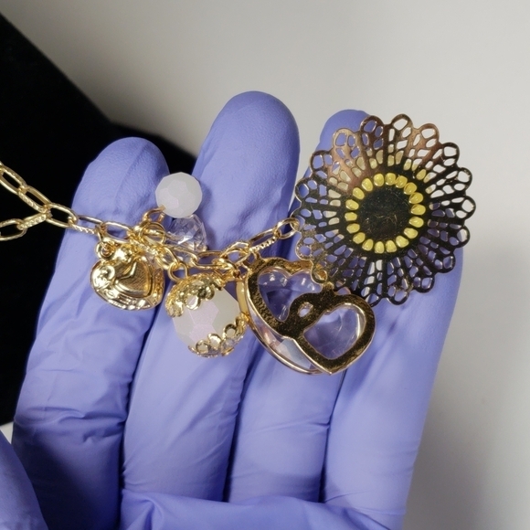 Gold-Tone Necklace with Beads, Hearts, Flower, Crystal Charms - Women's Jewelry - Picture 1 of 6